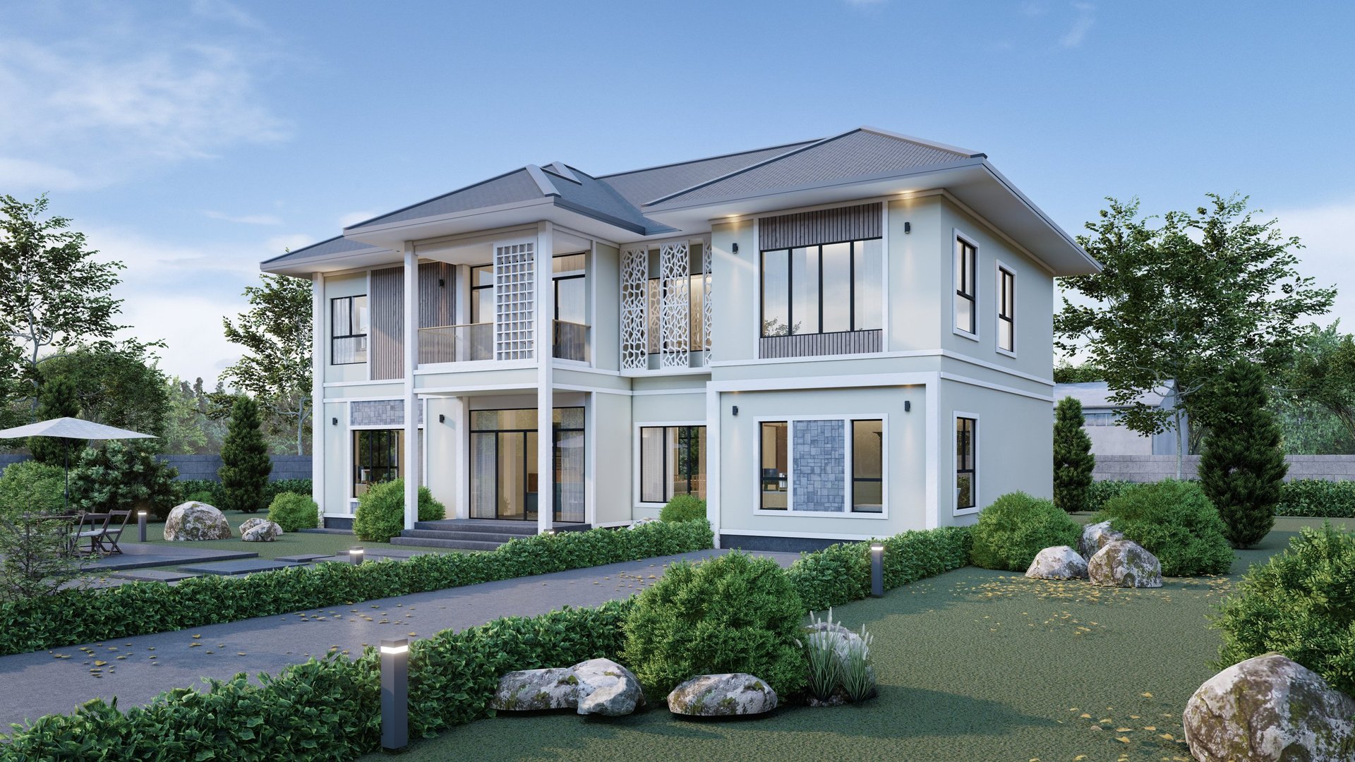 Modern Florida home with lush garden and driveway under sunny sky