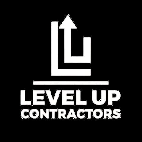 Level Up Contractors logo featuring an upward arrow and building shape icon on black background