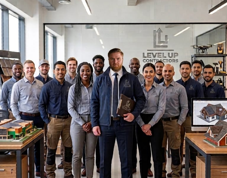 Group photo of diverse team members standing in modern office with Level Up logo visible on wall behind them.