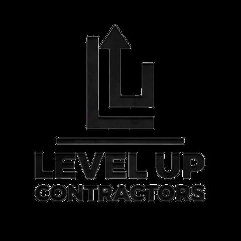 Level Up Contractors logo featuring an upward arrow and building silhouette in black
